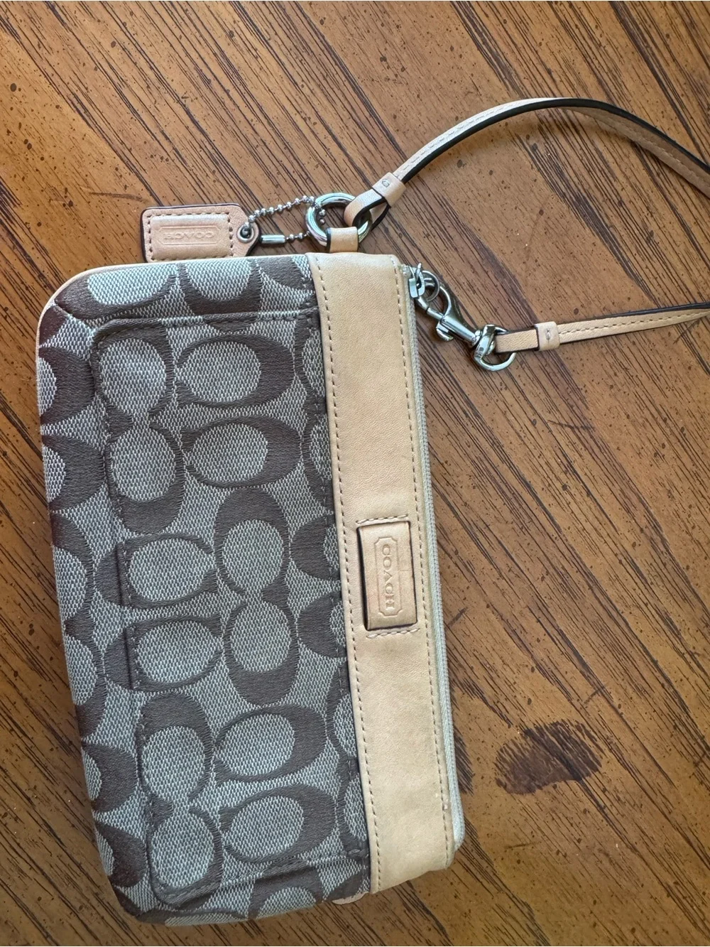 Coach Brown Signature Canvas Wristlet with Tan Leather Trim
